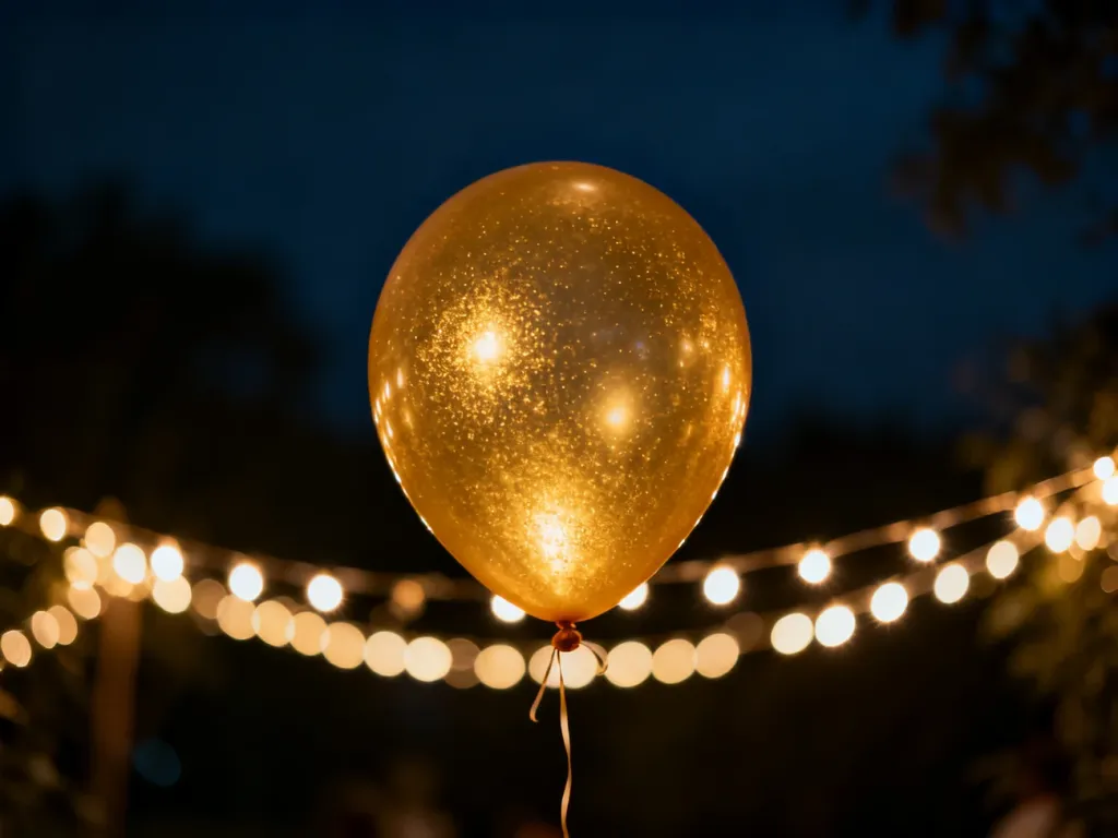 Złoty balon unoszący się w ciemnym pomieszczeniu z nastrojowymi światełkami, symbolizujący sen o zabawie.