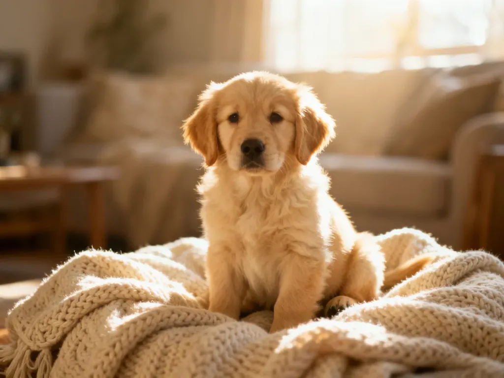 Puszysty szczeniak golden retrievera siedzący na miękkim kocu, budzący skojarzenia z ciepłem i spokojem.