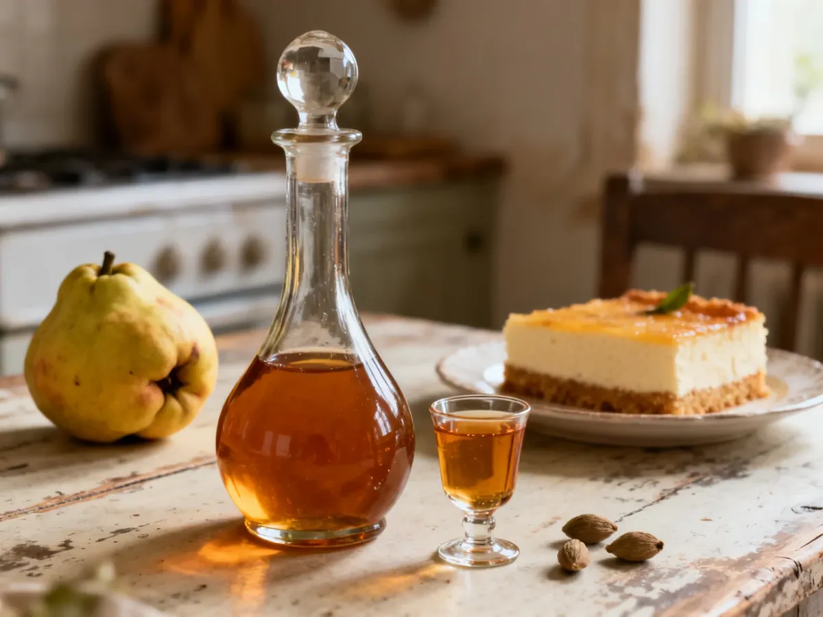 Bursztynowa nalewka z pestek pigwy podana w kieliszku obok pigwy i deseru