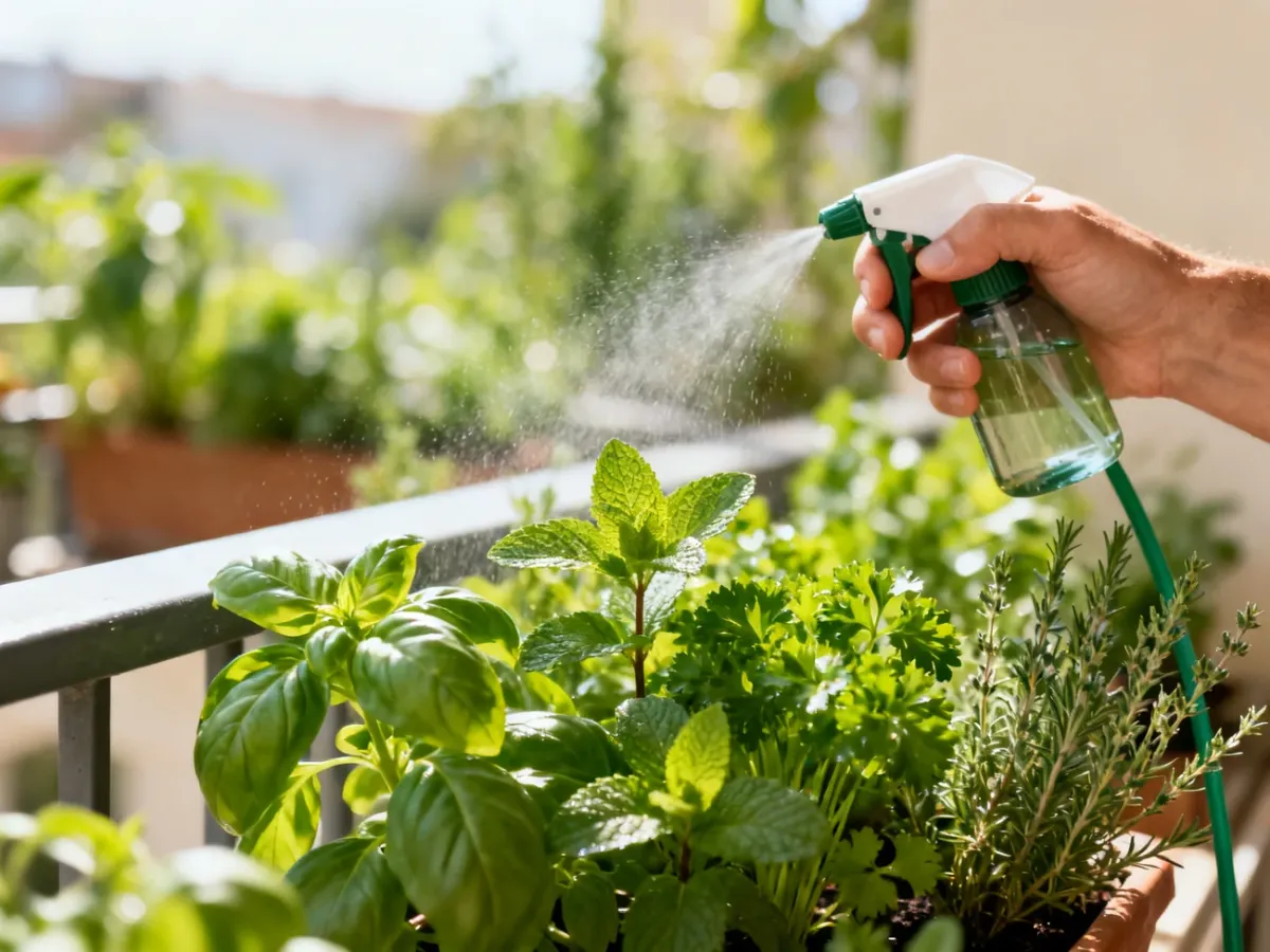 Opryskiwanie świeżych ziół domowym naturalnym preparatem